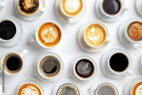 Flat lay of different cups of coffee on white background