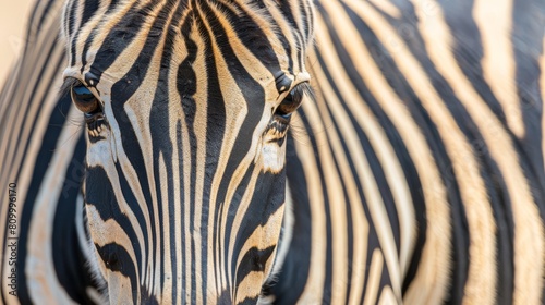   A tight shot of a zebra s face with a faintly blurred depiction of its rear head