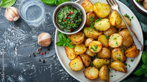   A white plate holds potatoes  beside bowls of pesto - one inverted  the other resting atop