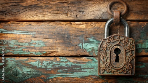   A tight shot of a padlock securing a wooden door, accompanied by a chain and additional padlock on its adjacent side photo