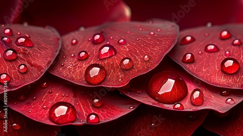   A red flower s petals  heavily dotted with water drops