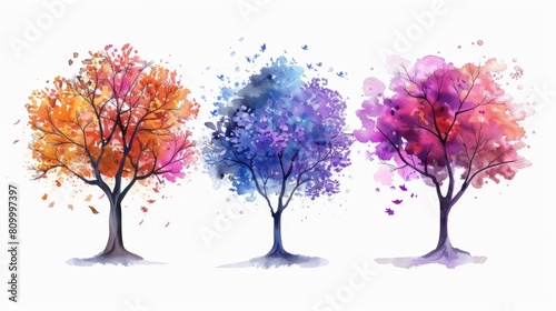 A group of four trees painted in different colors. Suitable for various design projects © Ева Поликарпова
