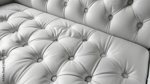   A tight shot of a white leather couch with button-detailed backs on both its seat and backrest