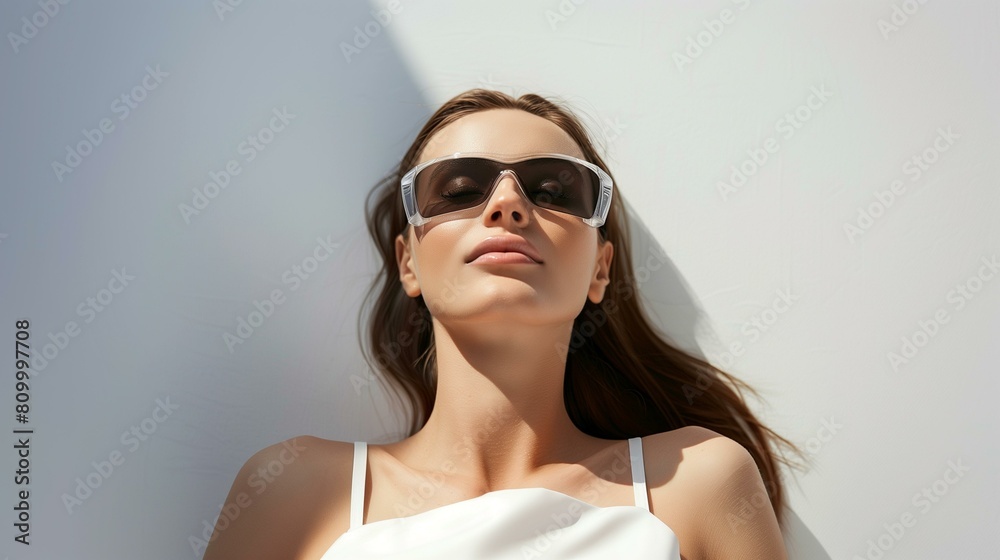 fashion model perfect smooth skin natural makeup, wearing transparent sunglasses, lying closed eyes white background fashion model perfect smooth skin natural makeup, wearing transparent sunglasses, lying closed eyes white background