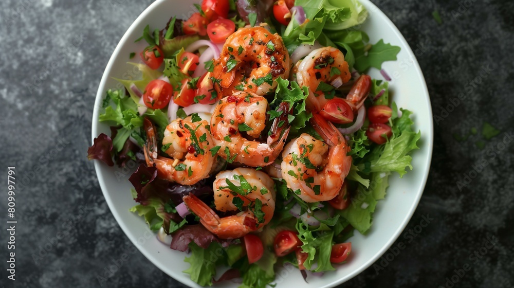 top view bowl shrimp louie salad, lettuce, tomatoes, onions, dressing, delicious tasty appetizing food lunch top view bowl shrimp louie salad, lettuce, tomatoes, onions, dressing, delicious tasty appetizing food lunch