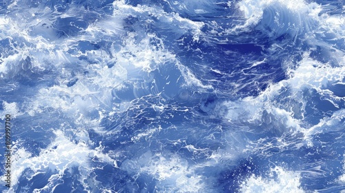  A tight shot of a blue ocean with white frothy waves and an expansive blue sky dotted with a distant plane