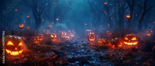Halloween, dark spooky forest path, lined jack-o-lanterns, spooky night scary