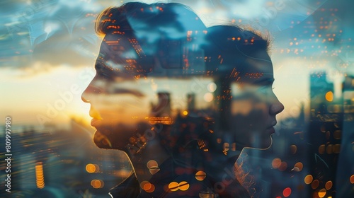 man woman stand back back man left woman right, double exposure effect city heads, sunset silhouette back to back photo