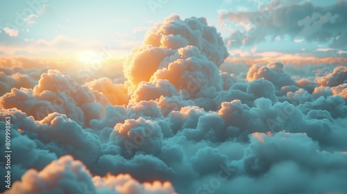 Be on cloud nine concept, soft sunlight illuminates billowy white clouds tranquil sky, peaceful calm tranquil idyllic heavenly photo
