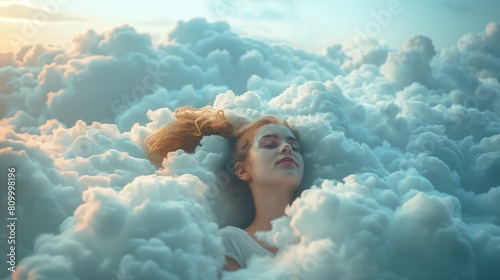 Be on cloud nine concept, serene woman floats among clouds, expression pure bliss, perfectly capturing concept cloud nine, photo