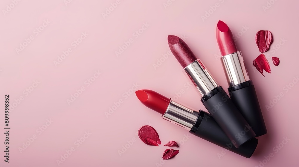 Three lipsticks stacked on a pink surface, surrounded by rose petals Three lipsticks stacked on a pink surface, surrounded by rose petals