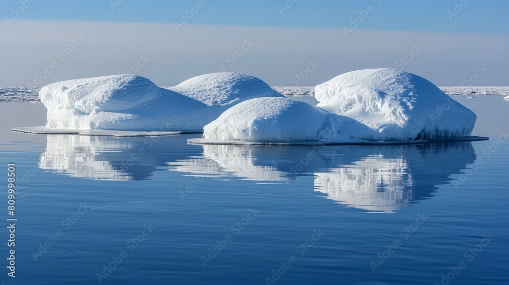   A collection of icebergs drift on a lake, adjacent to icebergs in the heart of the ocean