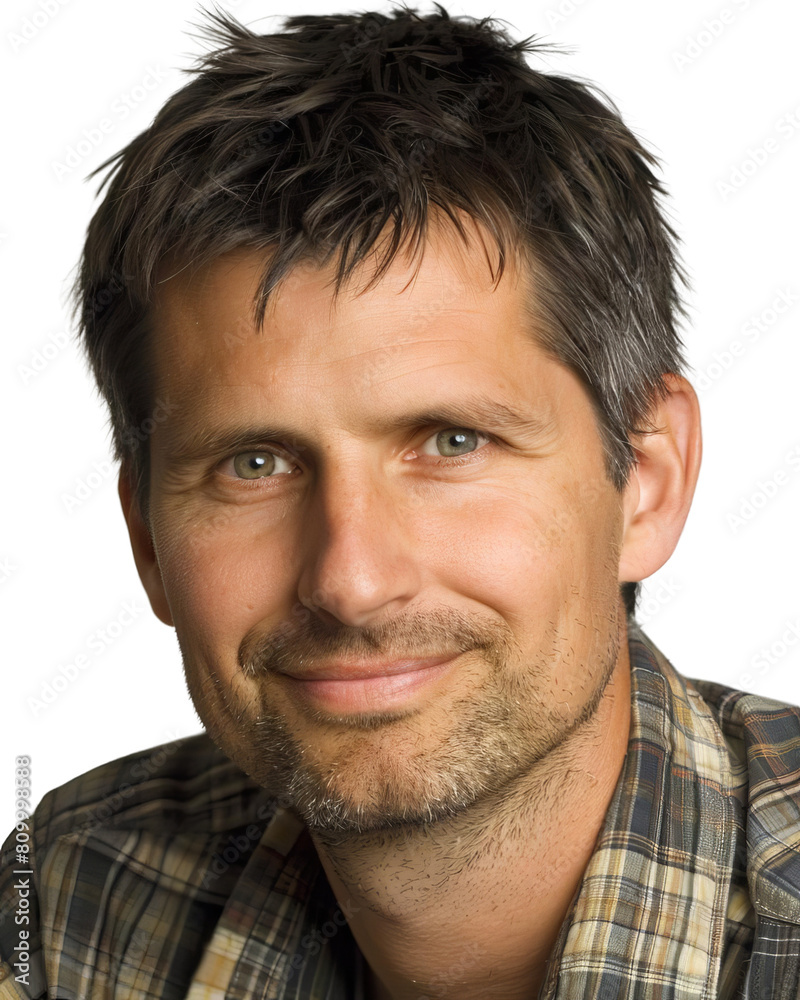 Obraz premium Confident businessman with short dark hair smiles in a casual headshot portrait isolated on white background