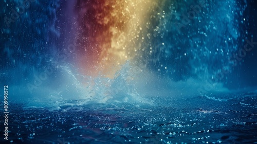   A tight shot of a rainbow-hued waterfall, with droplets collecting at its base photo