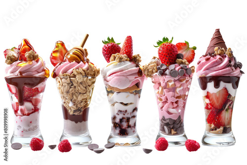 A row of five different flavored ice cream cups with strawberries on top  national strawberry sundae day  illustrations  clipart  isolate transparent background.