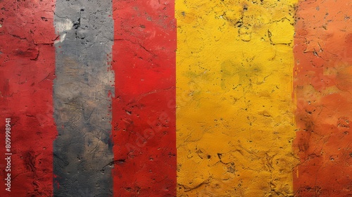   A wall painting featuring vertical red, yellow, and blue stripes  chips evident in parts © Jevjenijs