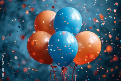 This image captures a vibrant group of balloons amid falling confetti, perfect for celebrations and special occasions