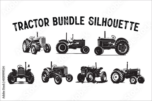Tractor Silhouette illustration vector bundle with black Classic old tractor on white background.