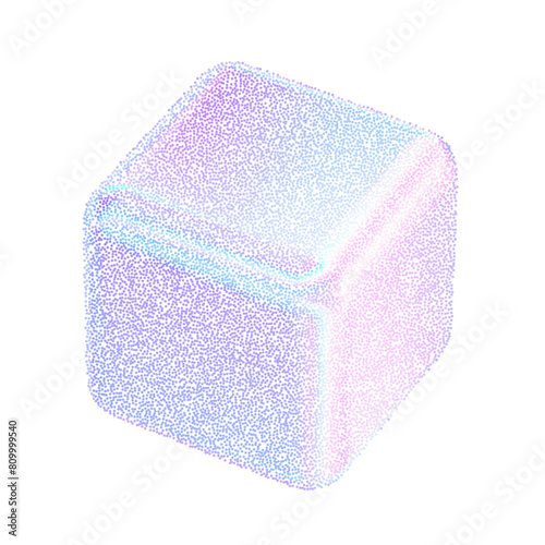 3d cube with noise gradient hologram effect. Halftone gradation square figure. Y2k holographic shape gritty grain texture. Stipple vector illustration of noise cubes of colored dots.