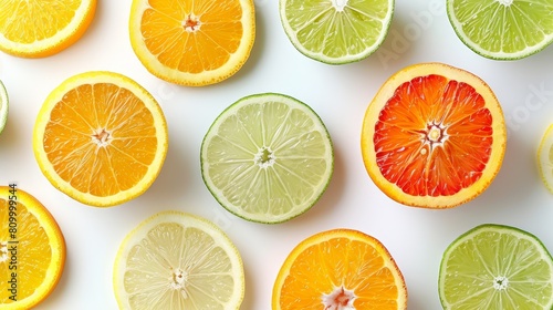  Oranges, limes, and grapefruits halved on a white backdrop