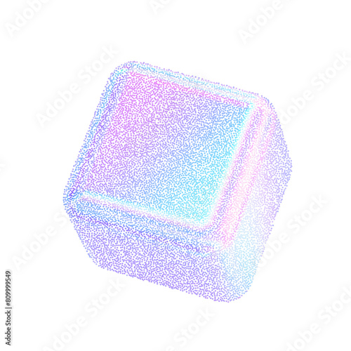 3d cube with noise gradient hologram effect. Halftone gradation square figure. Y2k holographic shape gritty grain texture. Stipple vector illustration of noise cubes of colored dots.