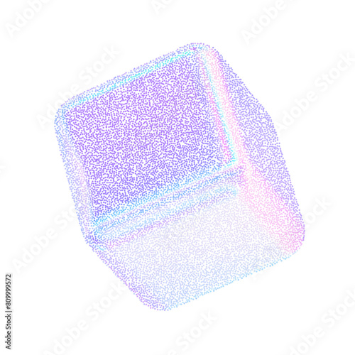 3d cube with noise gradient hologram effect. Halftone gradation square figure. Y2k holographic shape gritty grain texture. Stipple vector illustration of noise cubes of colored dots.