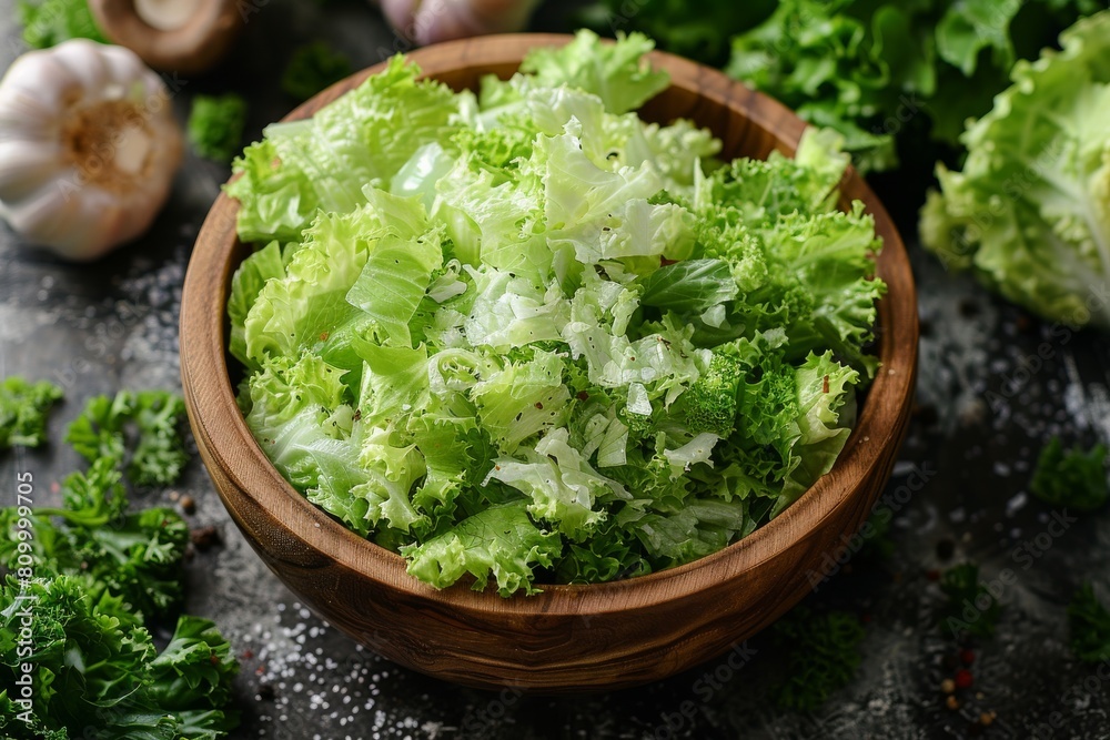 A freshly prepared green salad sits in a rustic wooden bowl, ready to be served, surrounded by greens and garlic A freshly prepared green salad sits in a rustic wooden bowl, ready to be served, surrounded by greens and garlic