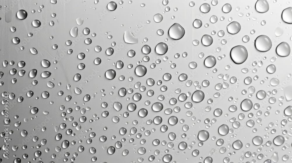   Many water drops on glass next to a white sky background