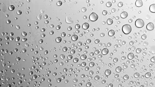  Many water drops on glass next to a white sky background