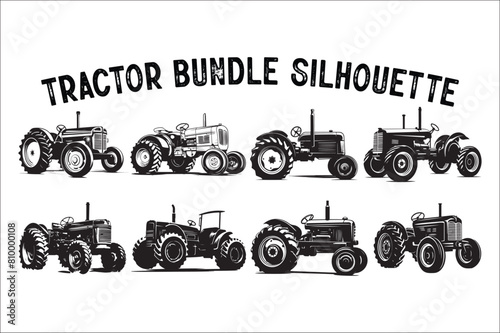 Tractor Silhouette illustration vector bundle with black Classic old tractor on white background.