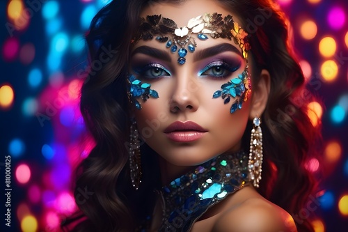 Portrait of beautiful young woman with bright makeup. Shiny sequins on face. Beautiful brunette with fashion jewelry accessories. Face of a girl is highlighted in vivid lights. Girl with ... See More 