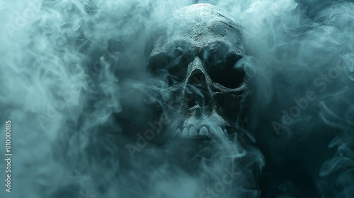 A toxic haze cloaks the image of a haunting skull,
