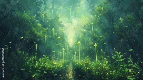 Artistic representation of luminescent green arrows floating above a verdant meadow, depicting prosperity photo