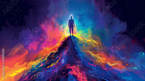 A person standing on top of an endless mountain made entirely of vibrant psychedelic colors