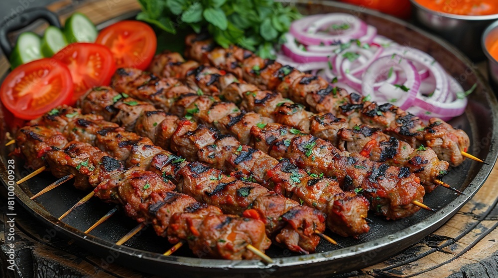   Several skewers of skewered meat on a grill with tomatoes, onions, bell peppers