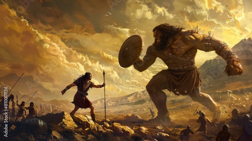 David facing Goliath on the battlefield in high resolution and high quality. biblical concept, religion, history photo