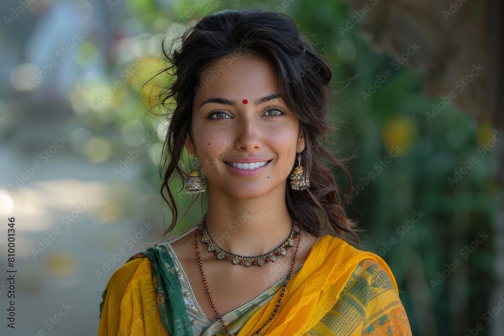 Gracious Indian woman in a traditional saree, sporting a genuine smile and traditional jewelry