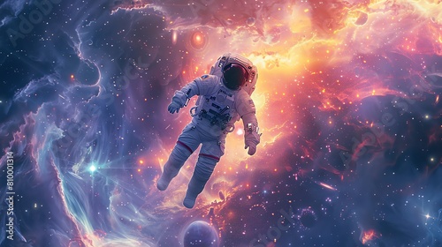 a spaceman floating amidst swirling galaxies, bathed in a dreamlike, iridescent light that dances across his spacesuit, blurring the line between reality and fantasy © Moviebirth