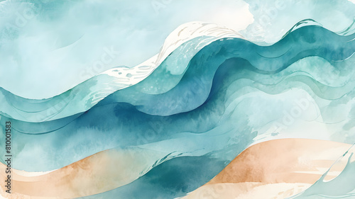 Ocean Waves Watercolor Art Abstract Background with Wavy Texture