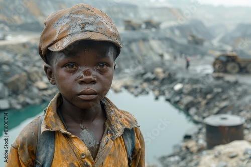 A thoughtful child miner with a backdrop of mining water body, depicting environmental and labor issues