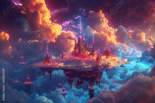 Illustrate a mystical floating city amidst swirling cosmic clouds, blending dreamlike textures and bold, neon hues to evoke a sense of wonder and enchantment photo