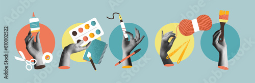 Diversity hobbies and leisure, hands in retro collage vector illustration set