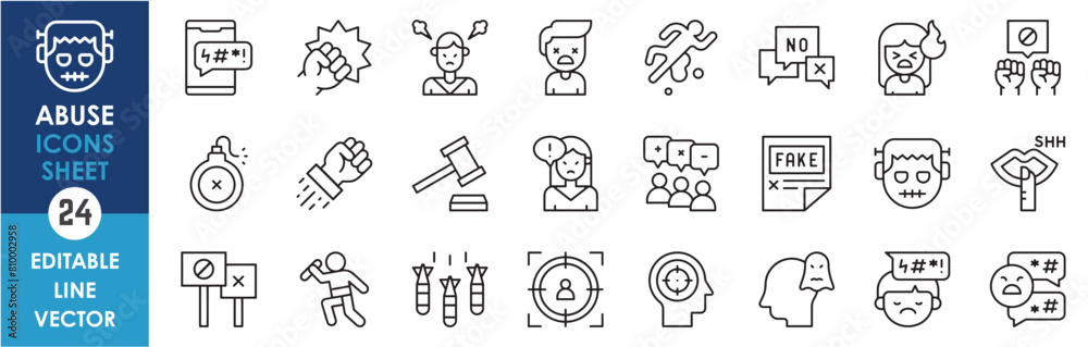 A set of linear icons related to abuse. Abuse, violence, insult, crime, assault and so on. Outline icons set. A set of linear icons related to abuse. Abuse, violence, insult, crime, assault and so on. Outline icons set.