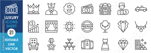 A set of line icons related to luxury. Outline icons of crown, money, mansion, profit, vip and so on.