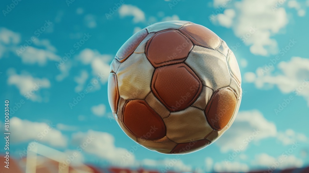 A close up of a rotating soccer ball against the blue sky.