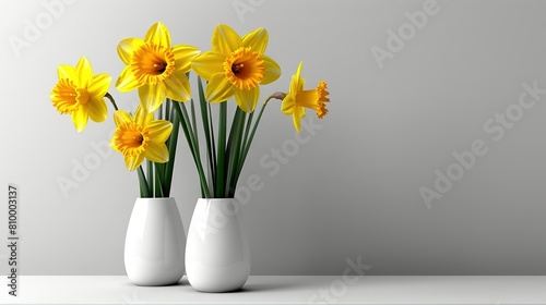  Three vases of yellow flowers on a white table against a gray backdrop
