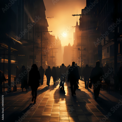 Silhouettes of people walking on a busy urban street