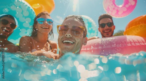 Friends enjoying a tropical pool party with inflatable floaties and refreshing drinks