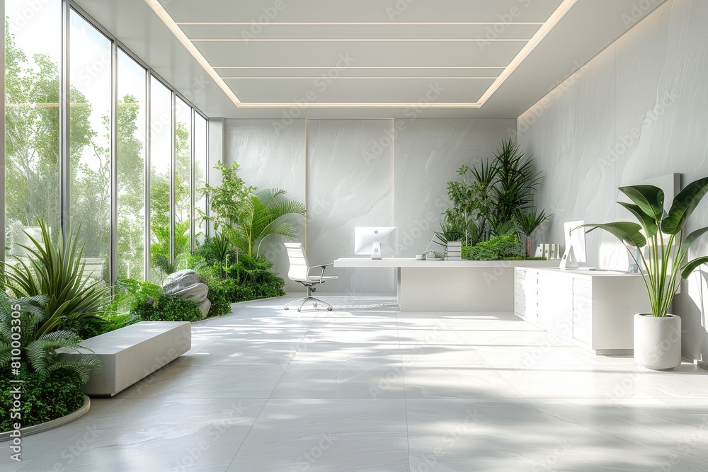 Fototapeta premium A spacious white home office with modern furniture, plenty of green plants, creating a fresh and clean workspace promoting productivity and wellness