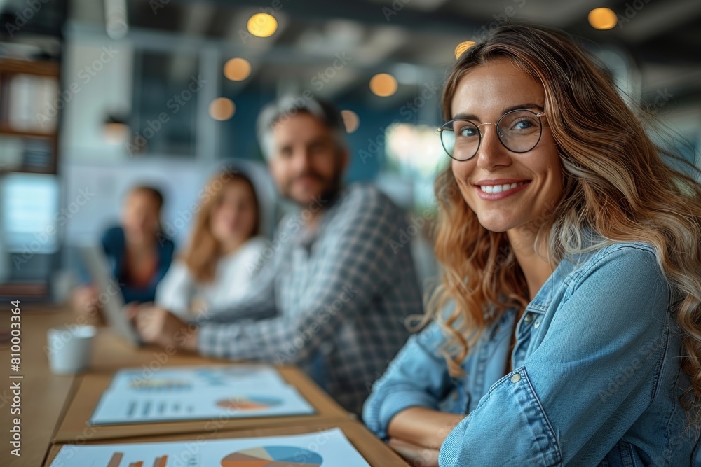 Fototapeta premium A cheerful young woman in a casual work setting smiles at the camera, with colleagues and charts in the background